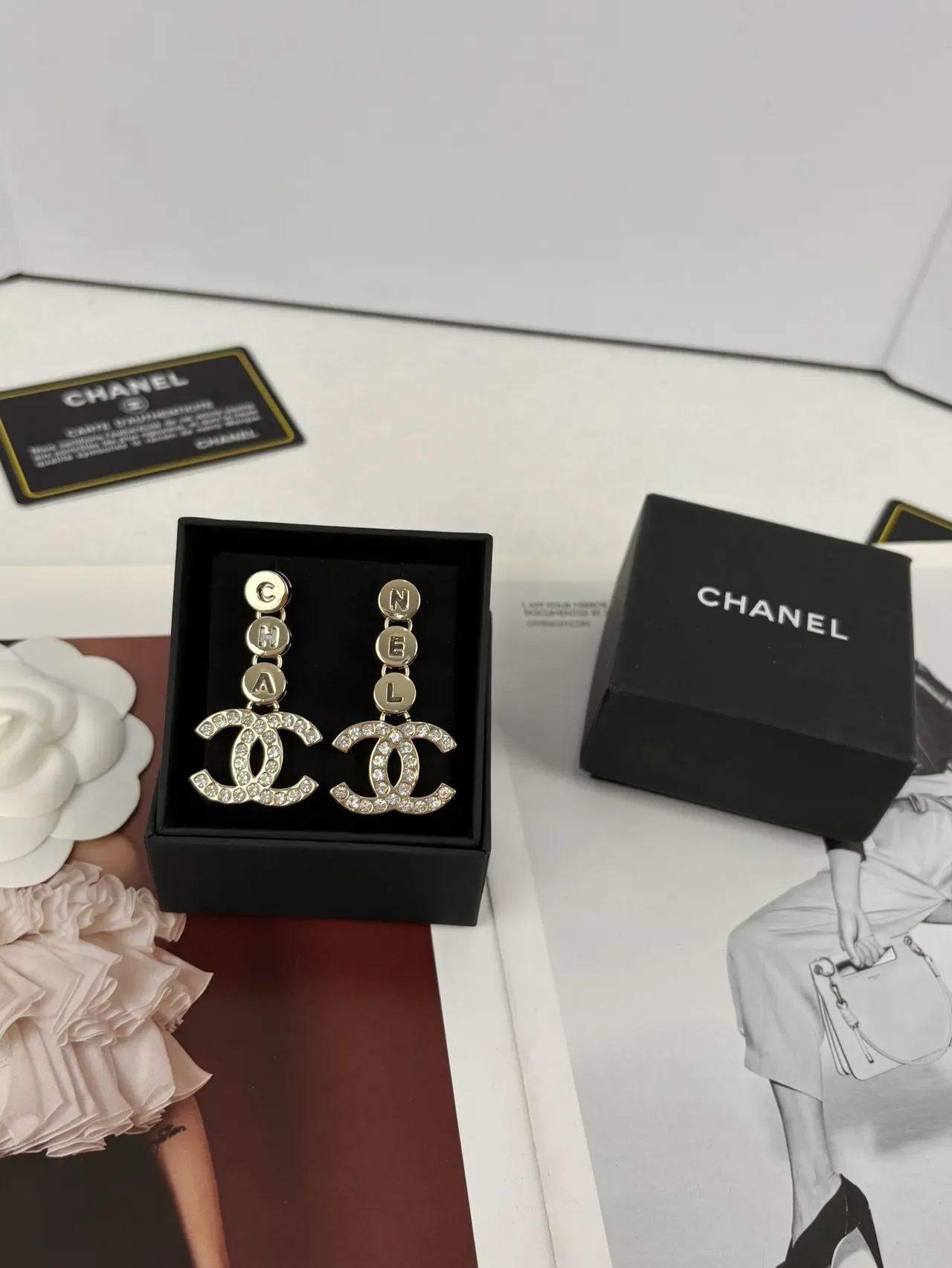 Chanel CC Logo Drop Silver Transparent Crystal-Pavé Letter-Charm Earrings 4