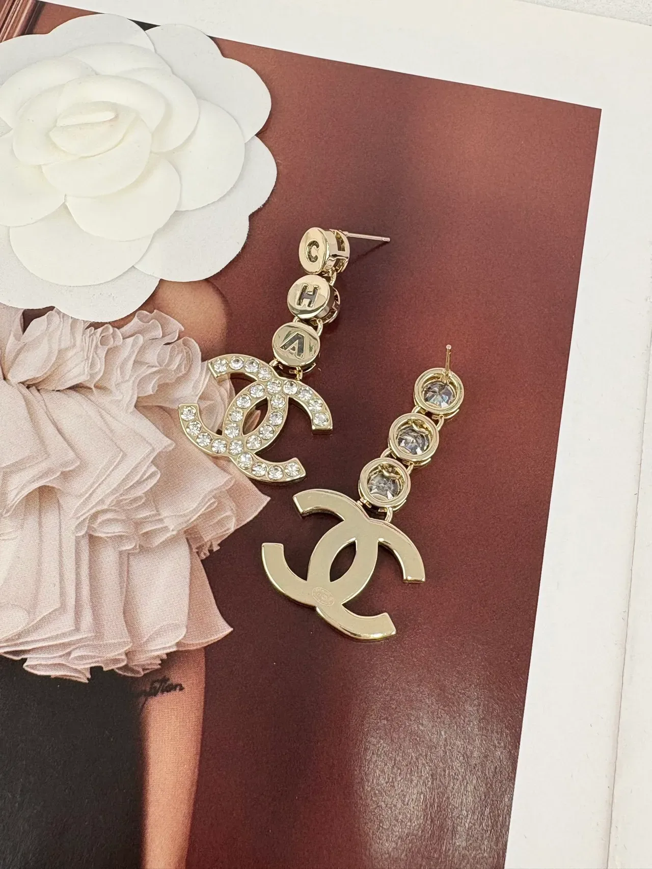 Chanel CC Logo Drop Silver Transparent Crystal-Pavé Letter-Charm Earrings 5