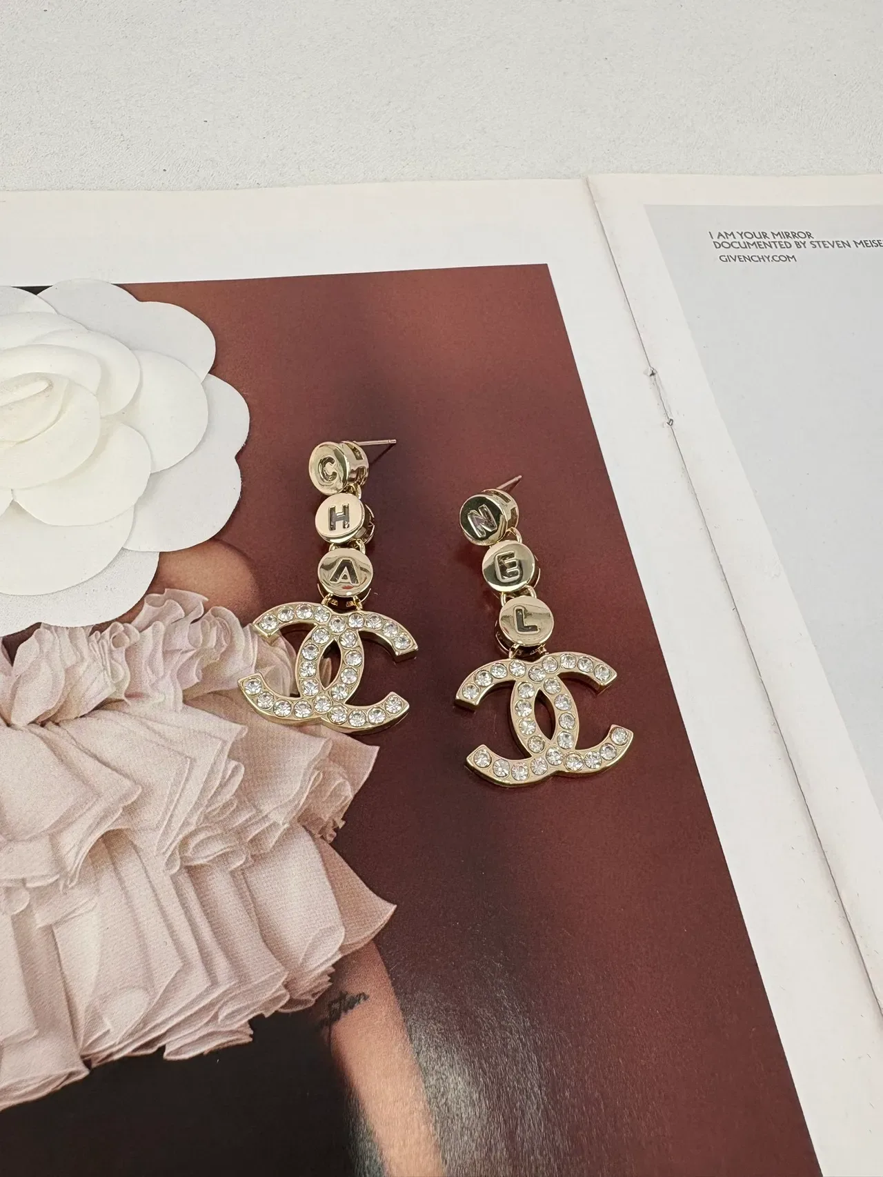 Chanel CC Logo Drop Silver Transparent Crystal-Pavé Letter-Charm Earrings 6
