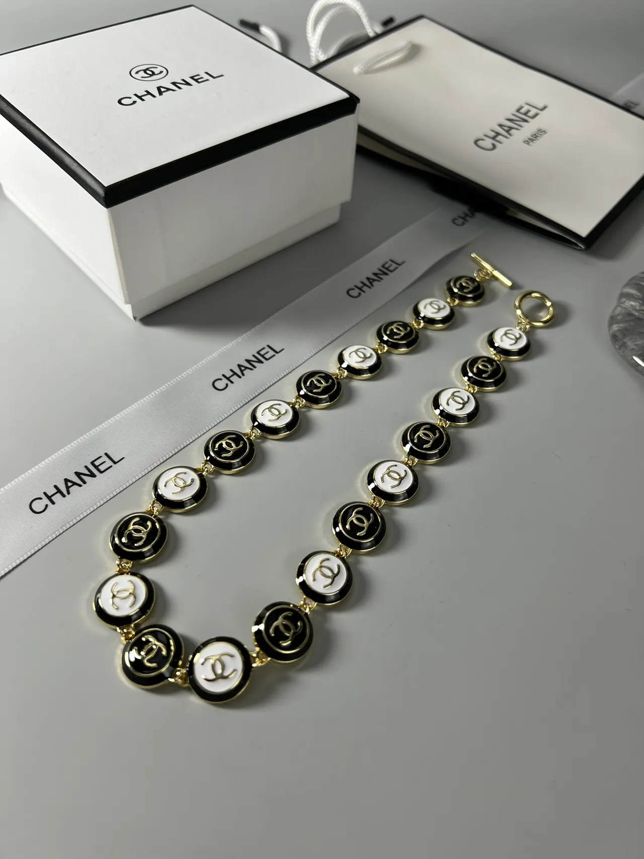 Chanel CC Logo Link Bracelet Black White Enamel Disc Links Interlocking Bracelet 6