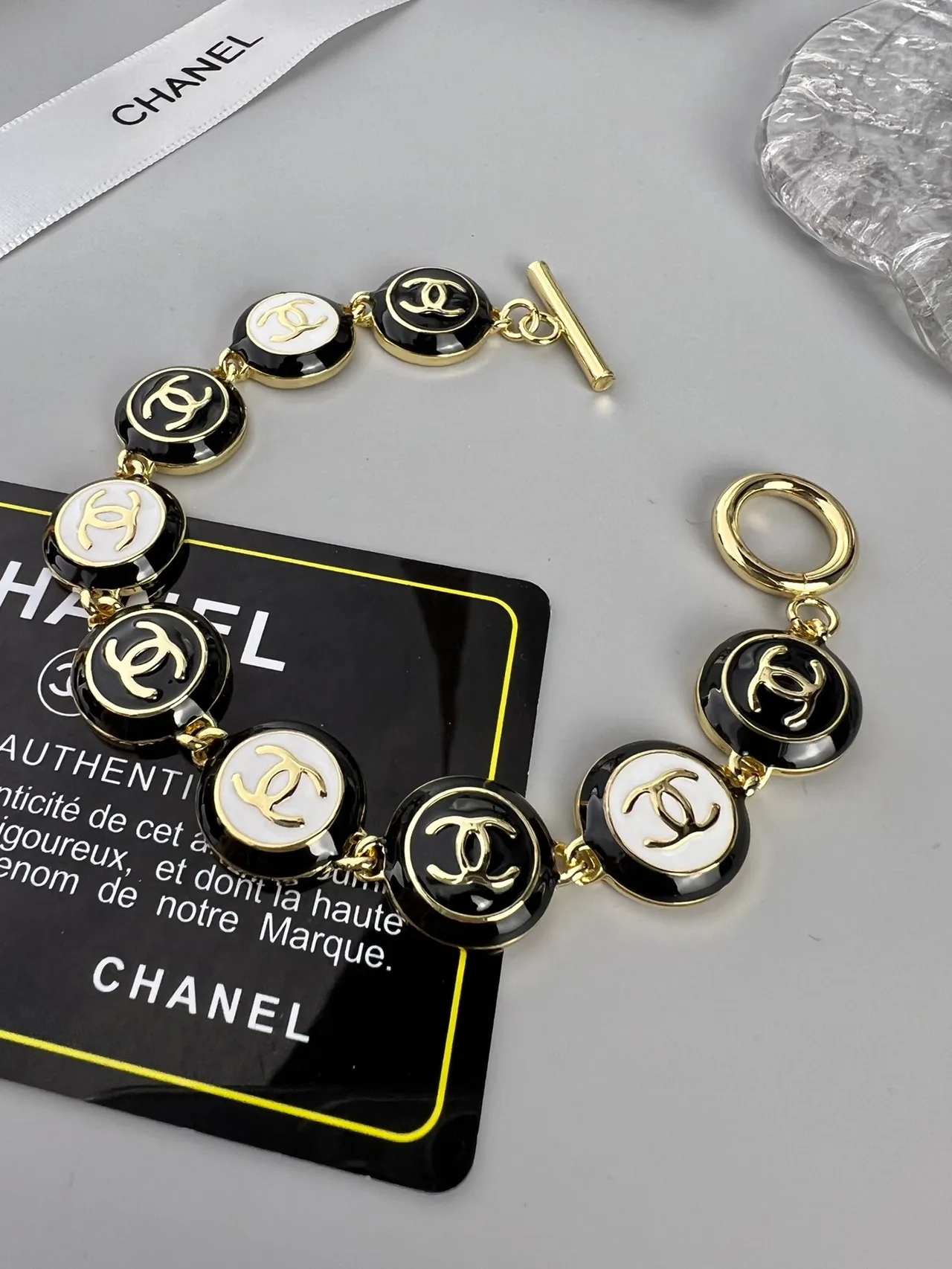 Chanel CC Logo Link Bracelet Black White Enamel Disc Links Interlocking Bracelet 8