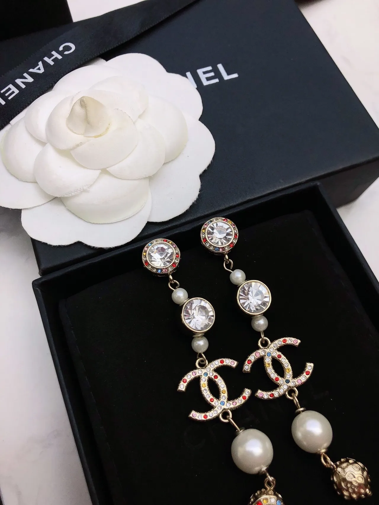 Chanel CC Logo Pearl and Crystal Drop Earrings 2