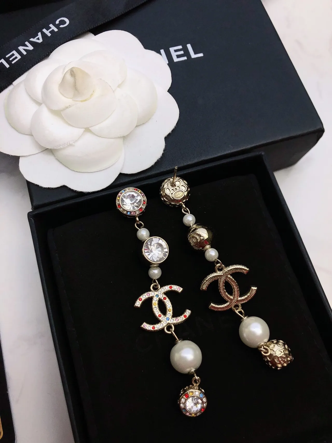 Chanel CC Logo Pearl and Crystal Drop Earrings 3