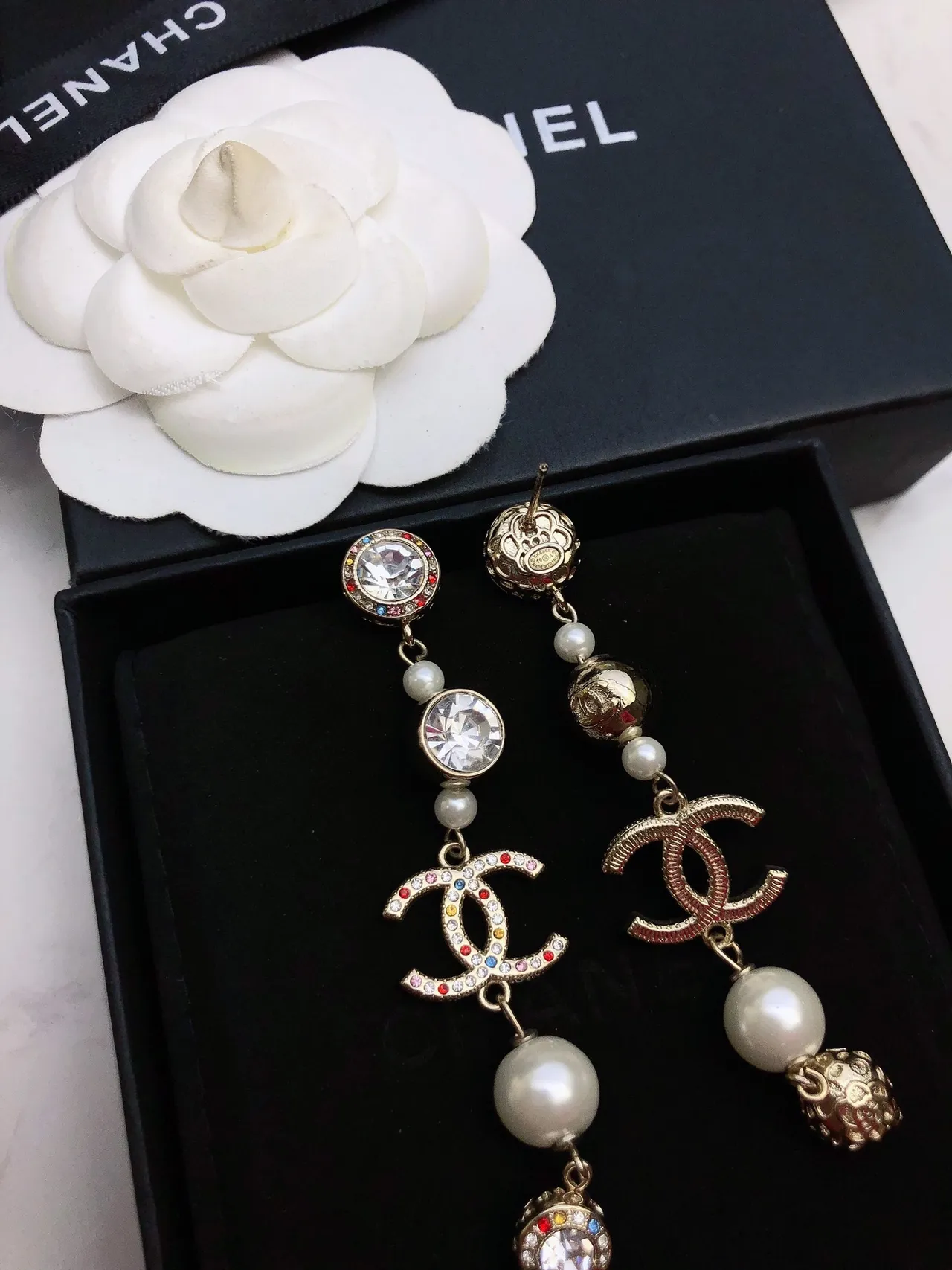Chanel CC Logo Pearl and Crystal Drop Earrings 4