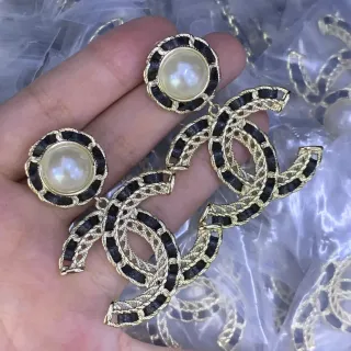 Chanel CC Pearl Black Gold Interlocking Logo Earrings