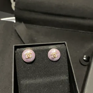 Chanel CC Stud Purple Gold Round Enamel Finish Earrings