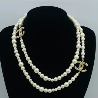 Chanel Classic Pearl Necklace Beige Gold Double-Strand Necklace