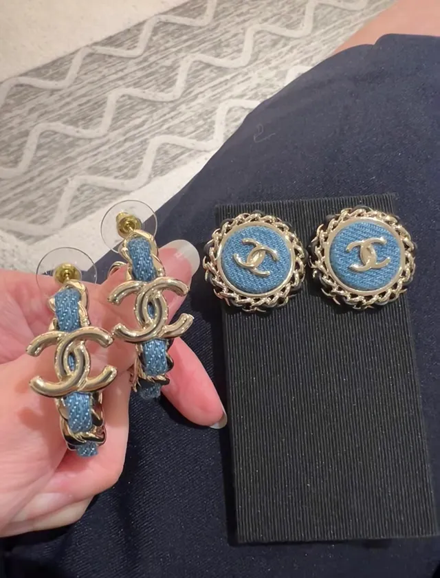 Chanel Denim Chain Hoop Blue Silver Interlocking CC Logo Earrings 2