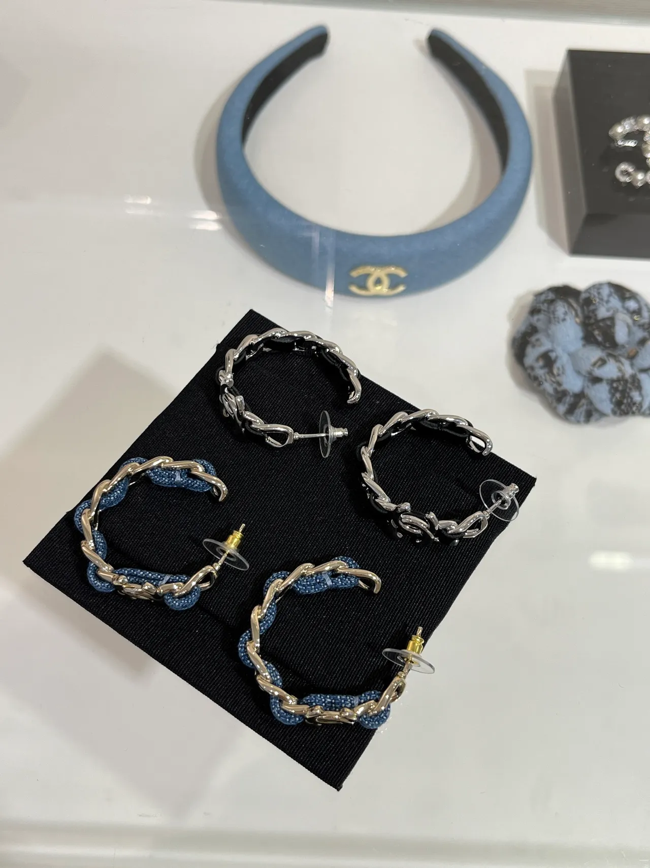 Chanel Denim Chain Hoop Blue Silver Interlocking CC Logo Earrings 4