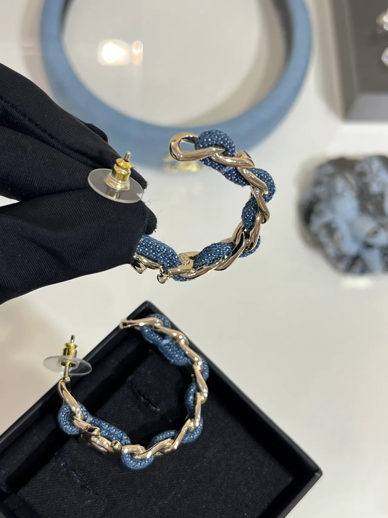 Chanel Denim Chain Hoop Blue Silver Interlocking CC Logo Earrings 7
