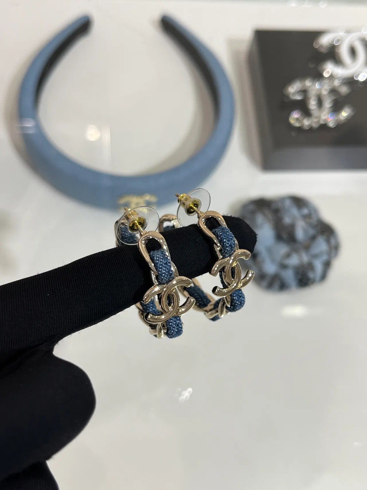 Chanel Denim Chain Hoop Blue Silver Interlocking CC Logo Earrings 9