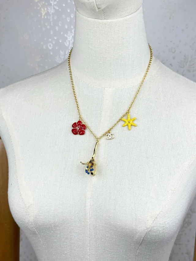 Chanel Floral Charm Gold-Tone Enamel Necklace 4
