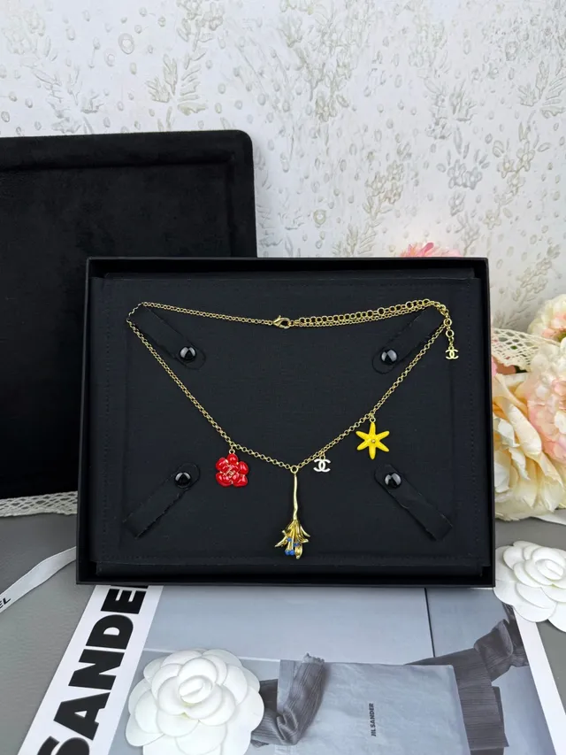 Chanel Floral Charm Gold-Tone Enamel Necklace 5