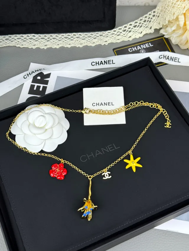 Chanel Floral Charm Gold-Tone Enamel Necklace 8