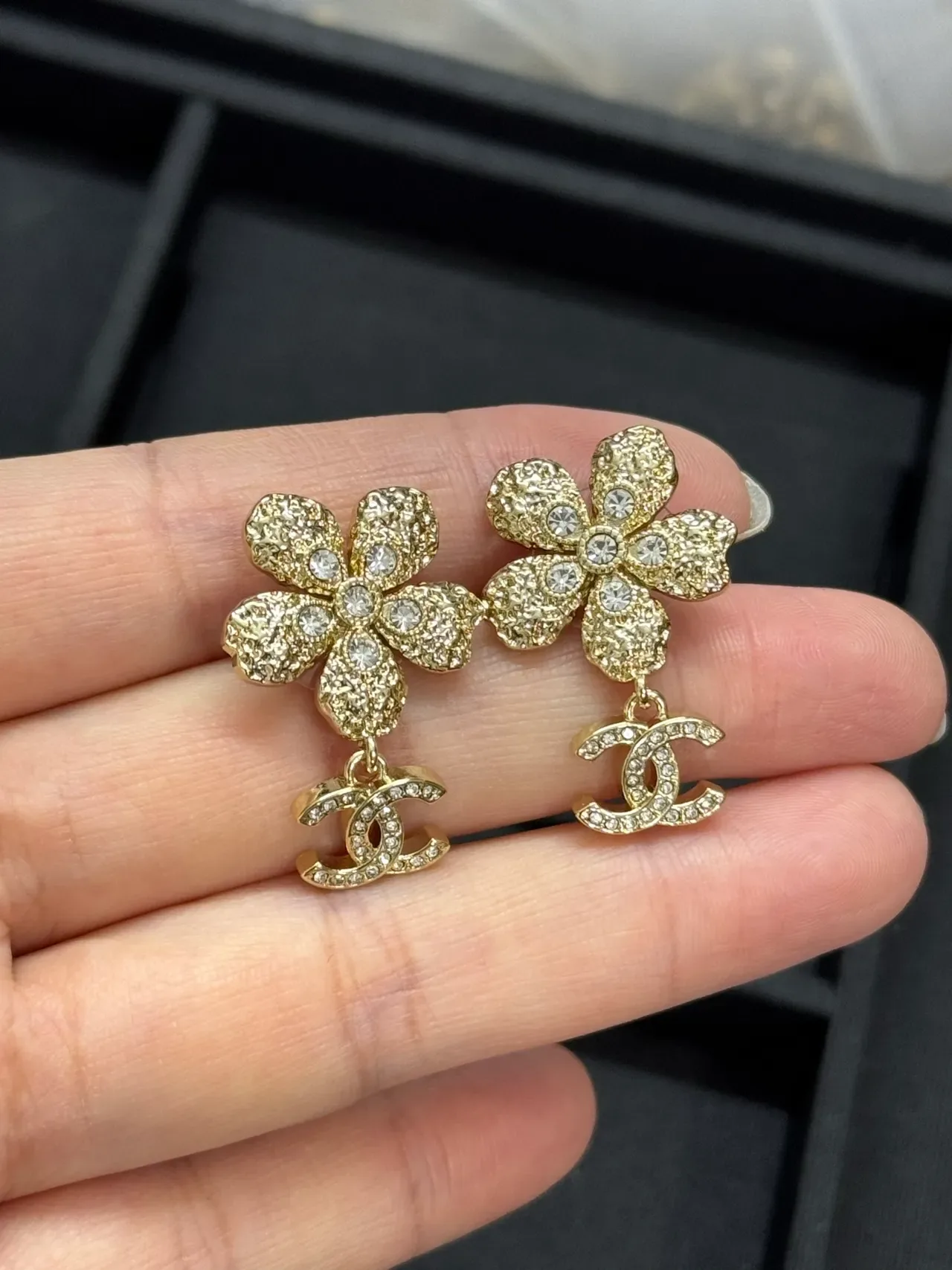 Chanel Floral Crystal CC Logo Drop Earrings 2