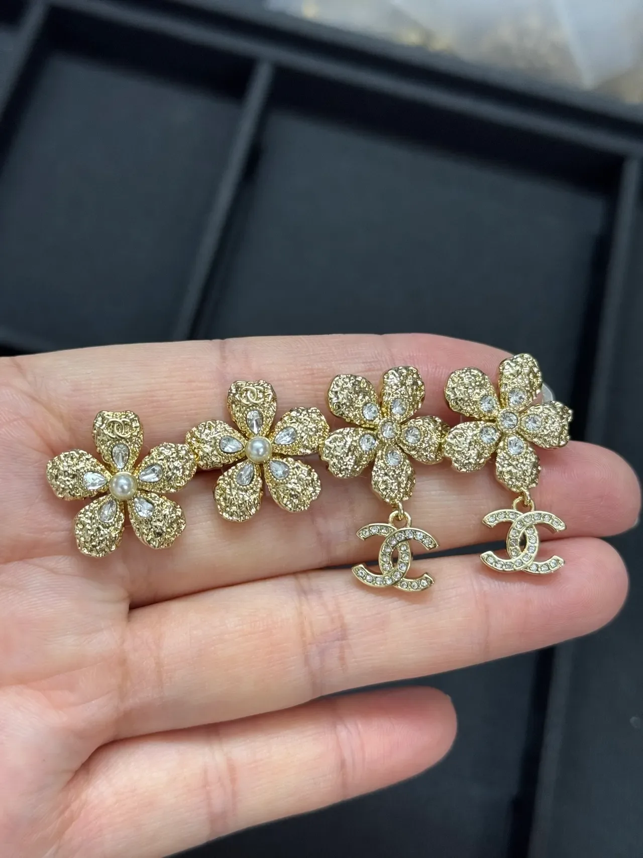 Chanel Floral Crystal CC Logo Drop Earrings 5