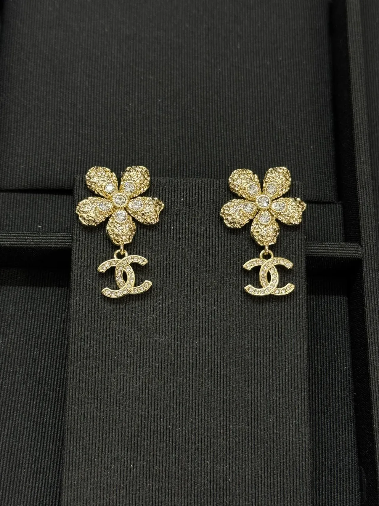 Chanel Floral Crystal CC Logo Drop Earrings 6
