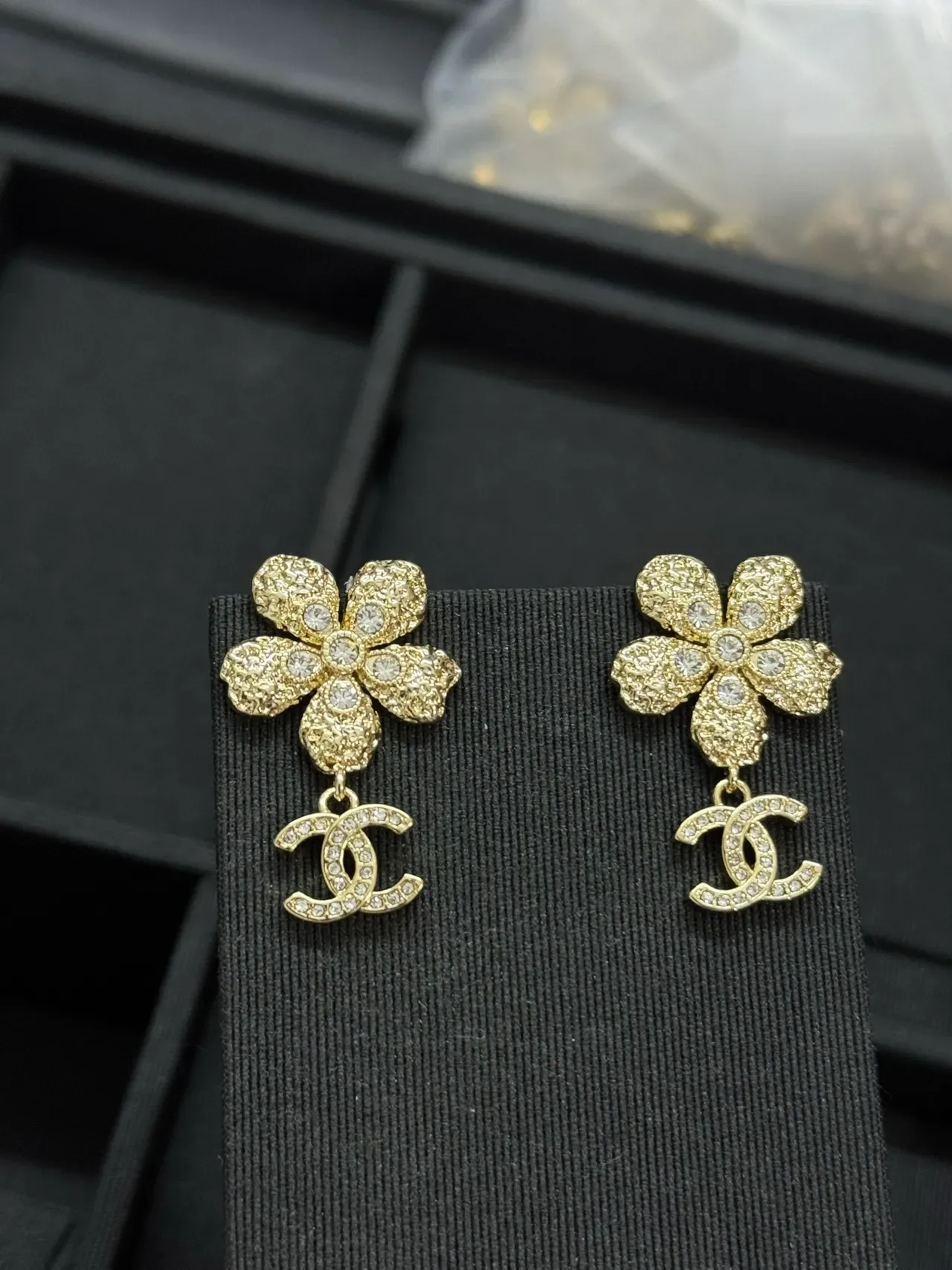 Chanel Floral Crystal CC Logo Drop Earrings 7