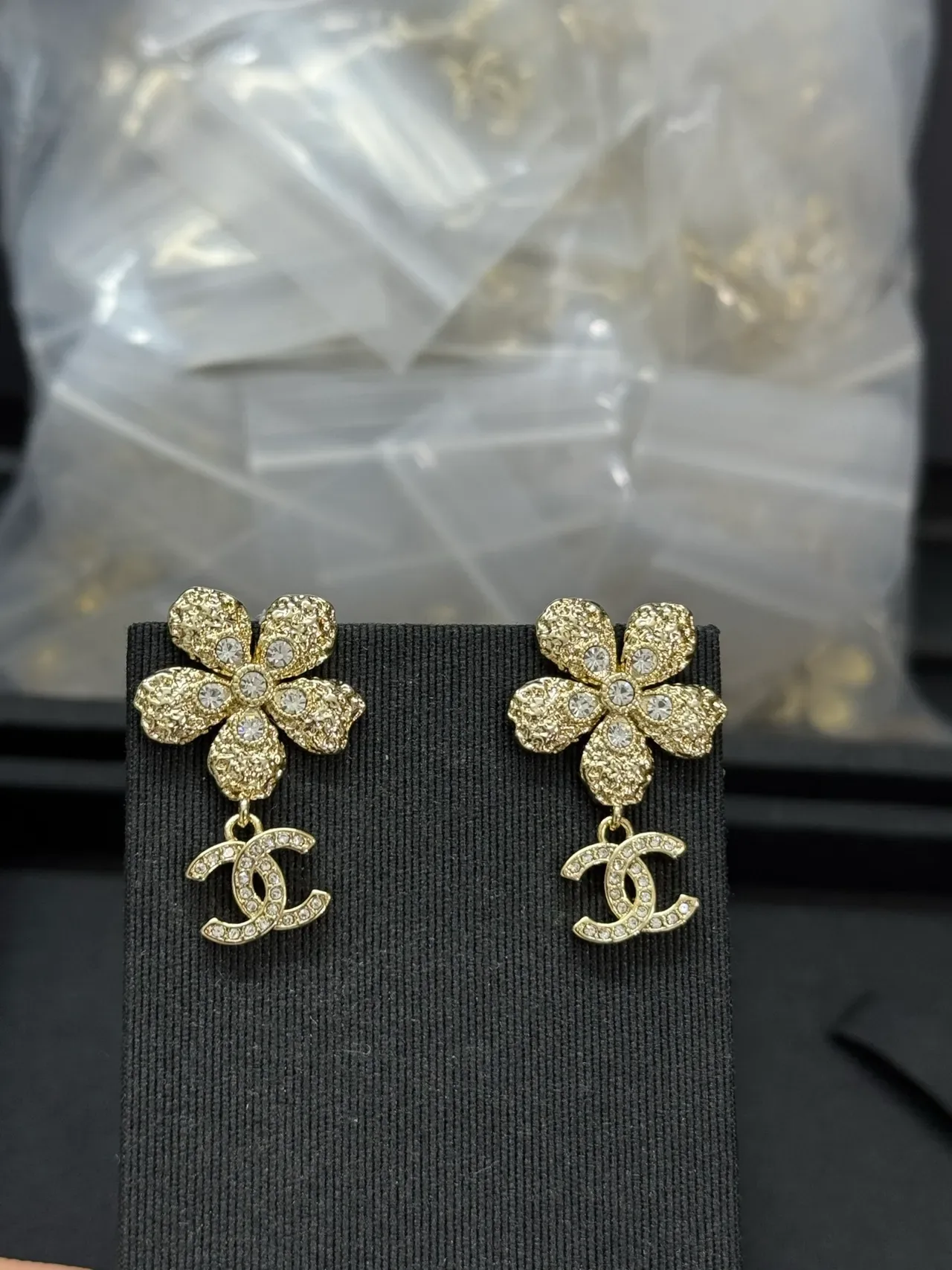 Chanel Floral Crystal CC Logo Drop Earrings 8