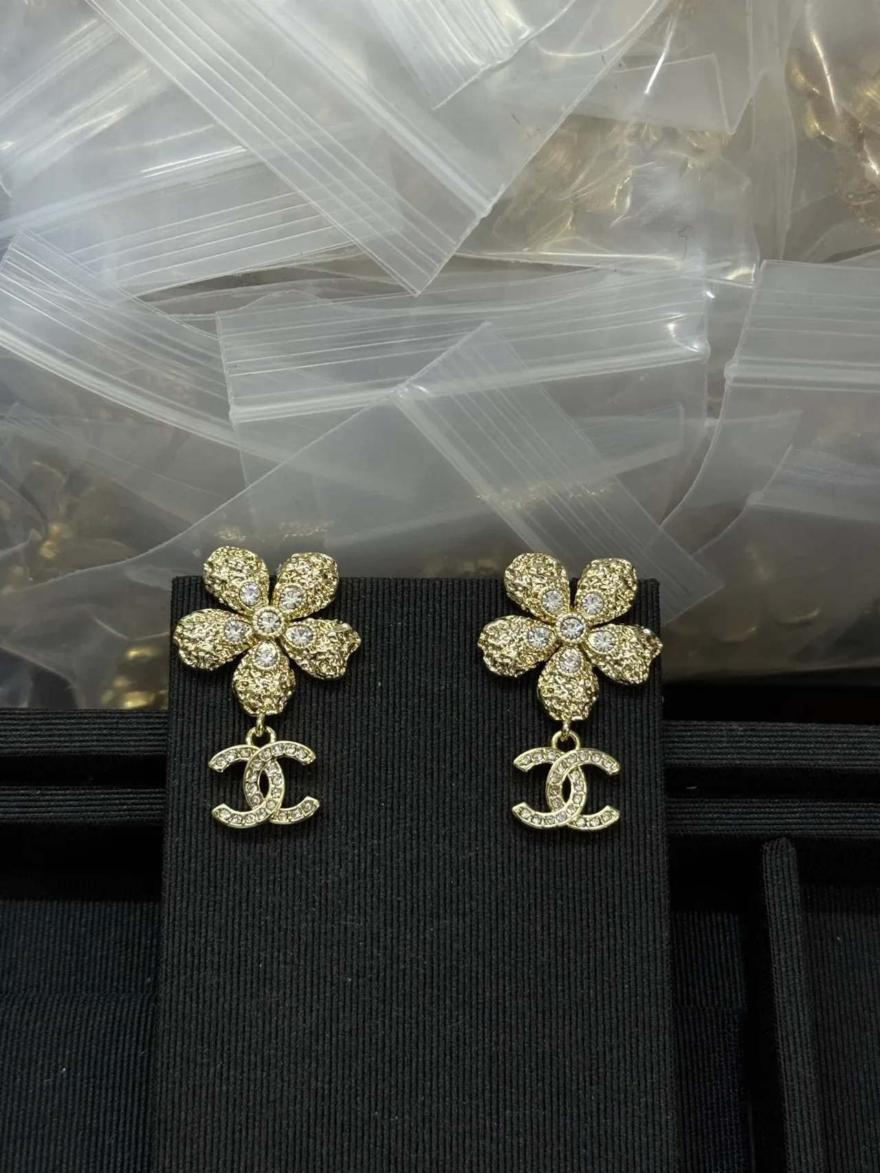 Chanel Floral Crystal CC Logo Drop Earrings 9