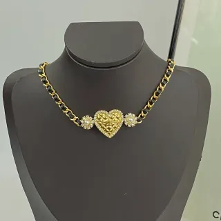 Chanel Gold Black Quilted Heart Pendant Pearl And Crystal Accents Necklace