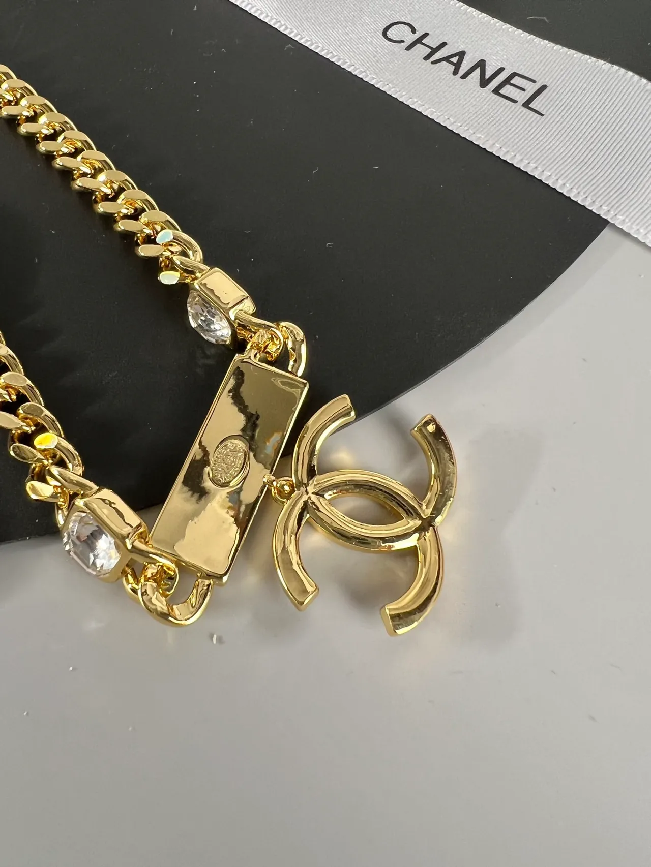 Chanel Gold Curb Chain Crystal CC Pendant Choker Necklace 2