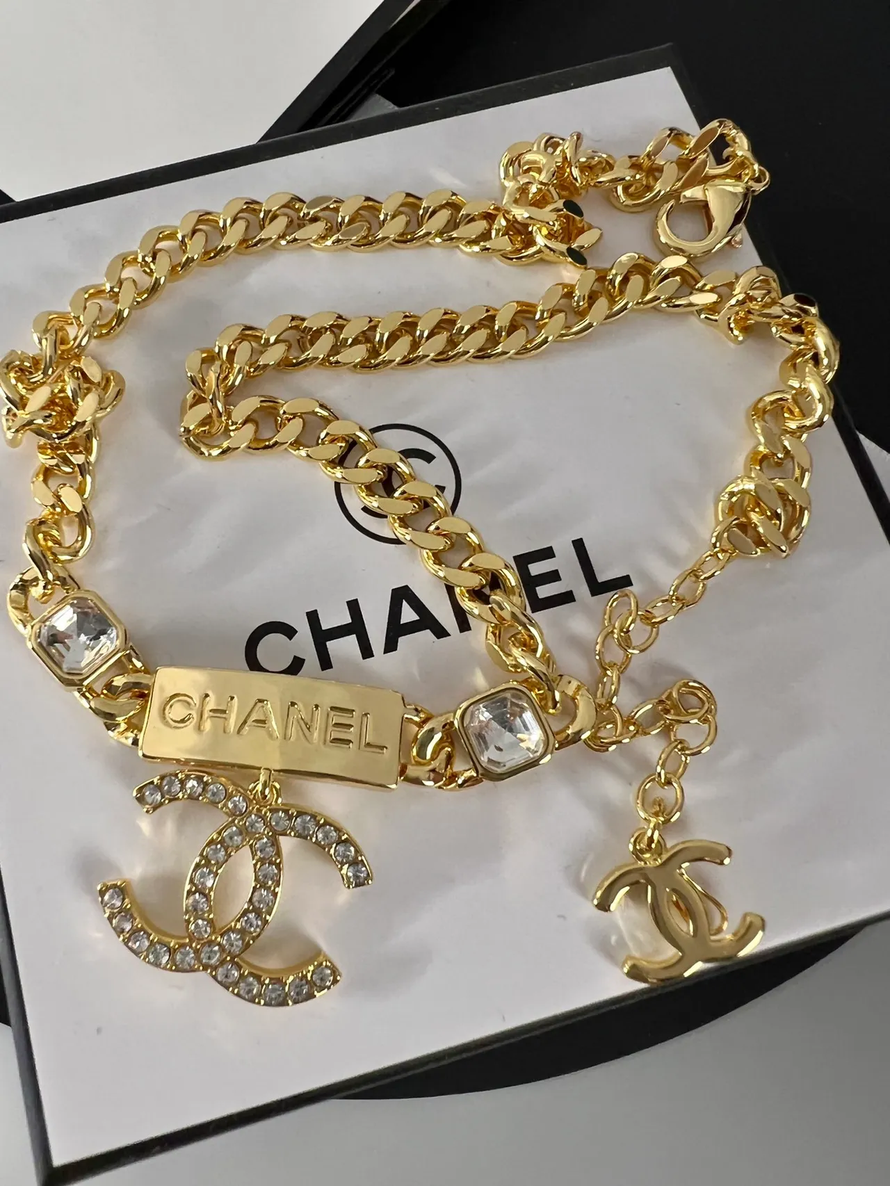 Chanel Gold Curb Chain Crystal CC Pendant Choker Necklace 3