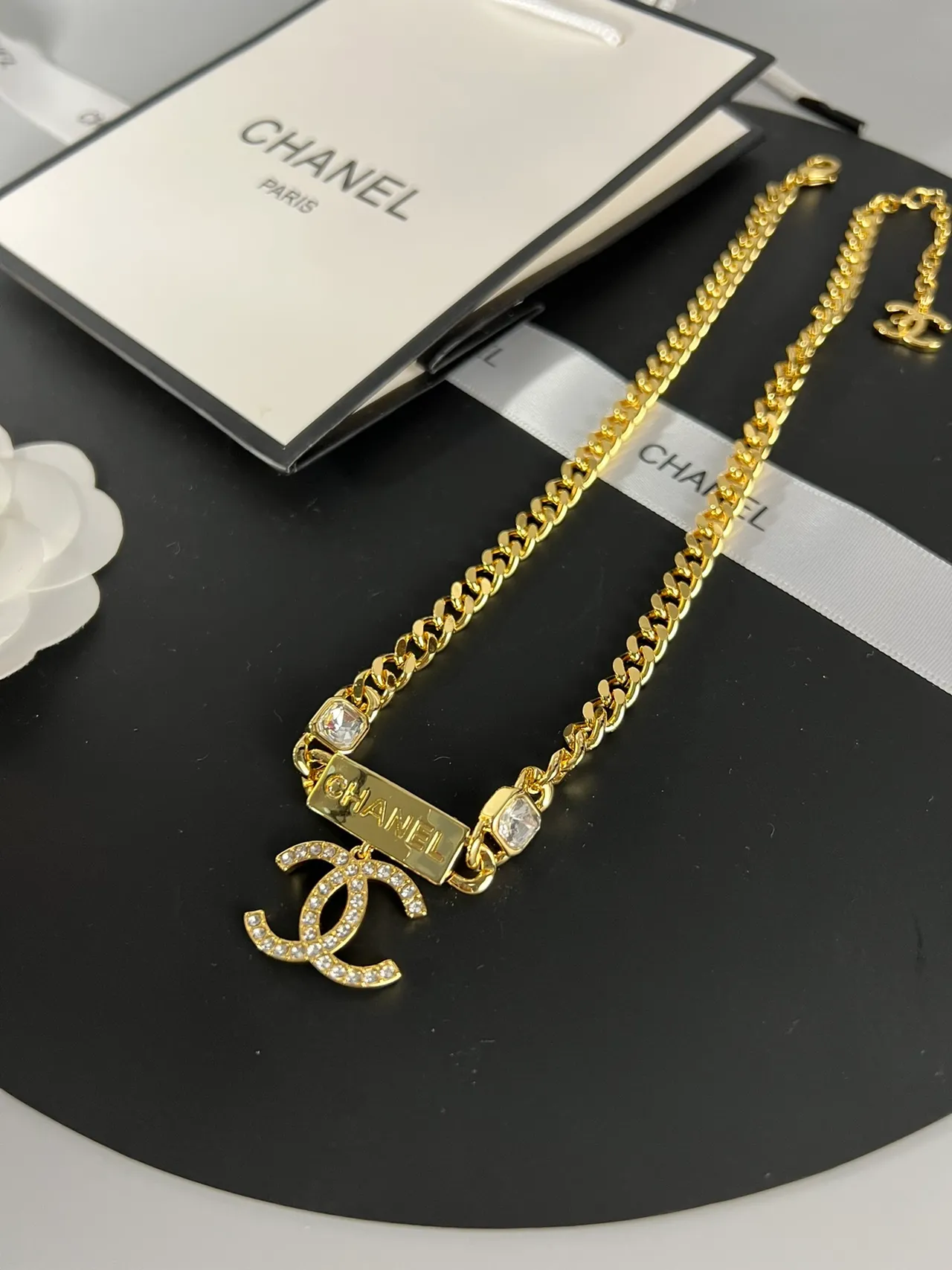 Chanel Gold Curb Chain Crystal CC Pendant Choker Necklace 5