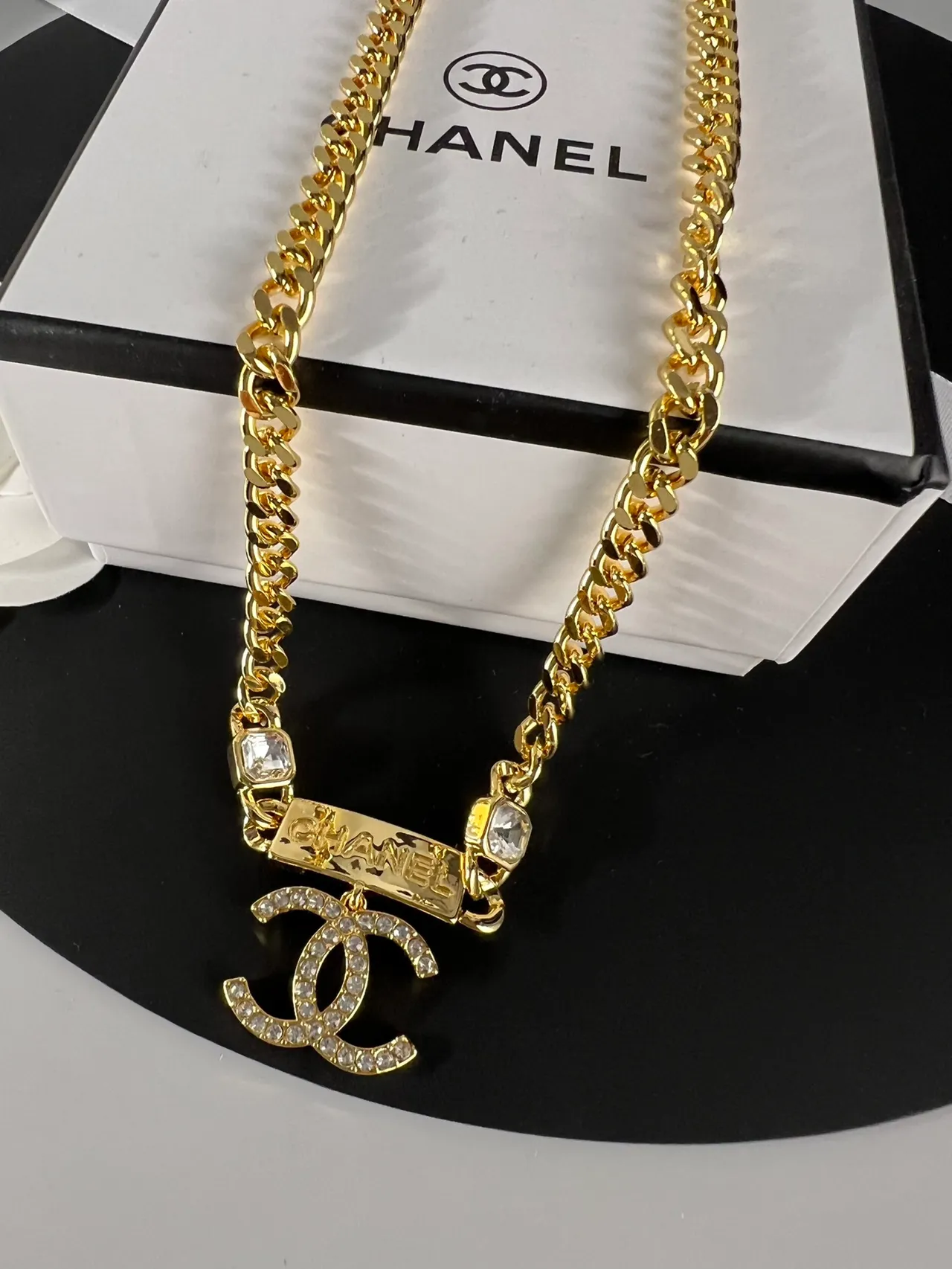 Chanel Gold Curb Chain Crystal CC Pendant Choker Necklace 6