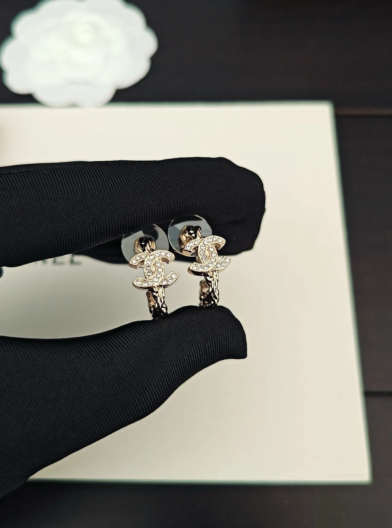 Chanel Gold Silver Pavé-Crystal Interlocking CC Logo Earrings 2