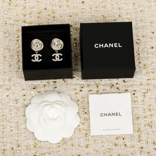 Chanel Gold Silver Twisted Spiral Top Pavé Crystal CC Logo Earrings 6