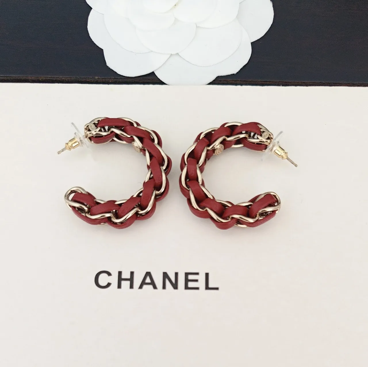 Chanel Interwoven Leather and Chain Hoop Earrings 4