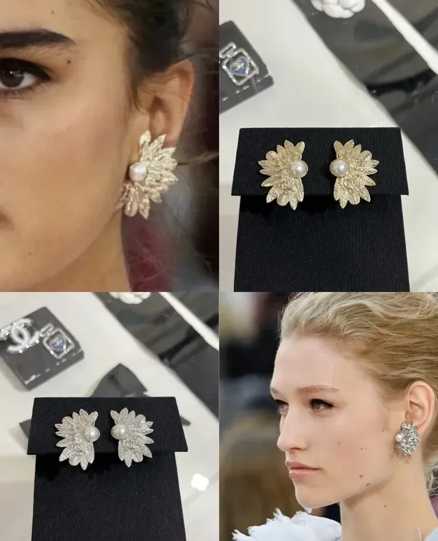 Chanel Leaf Motif Pearl Stud Earrings 7