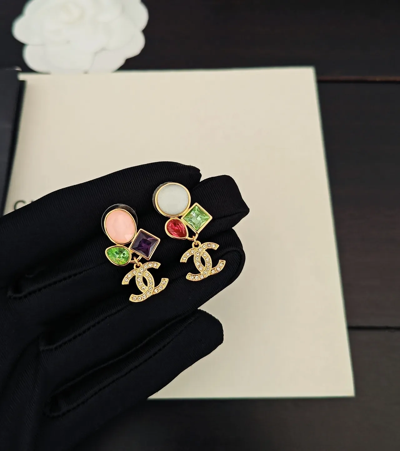 Chanel Multi-Gem CC Logo Drop Earrings 2