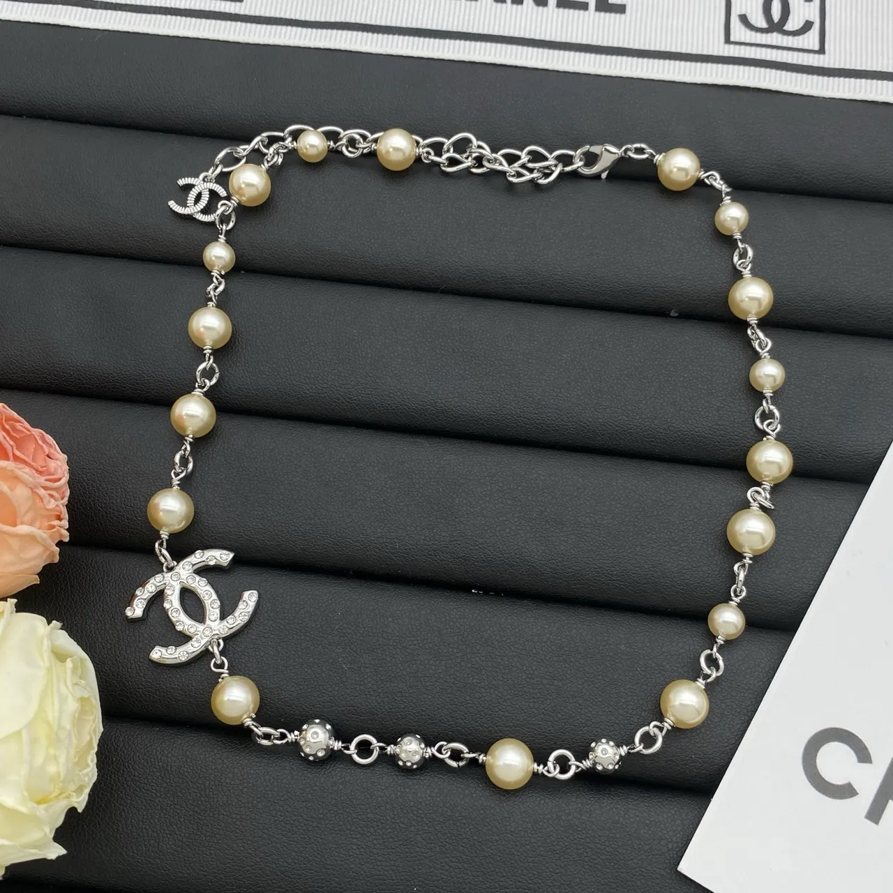 Chanel Pearl Necklace Beige Gold Interlocking CC Logo Pendant Necklace 4