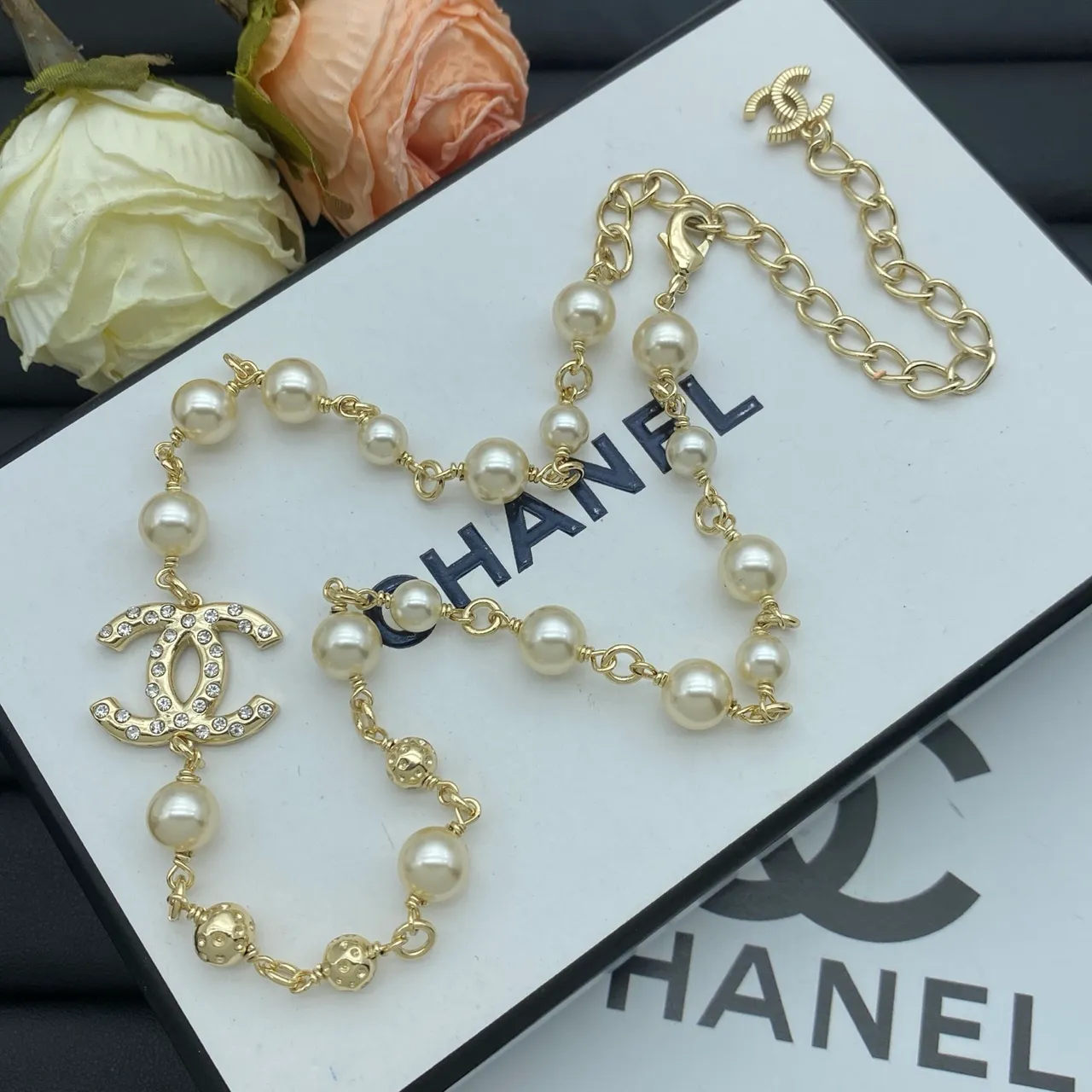 Chanel Pearl Necklace Beige Gold Interlocking CC Logo Pendant Necklace 5