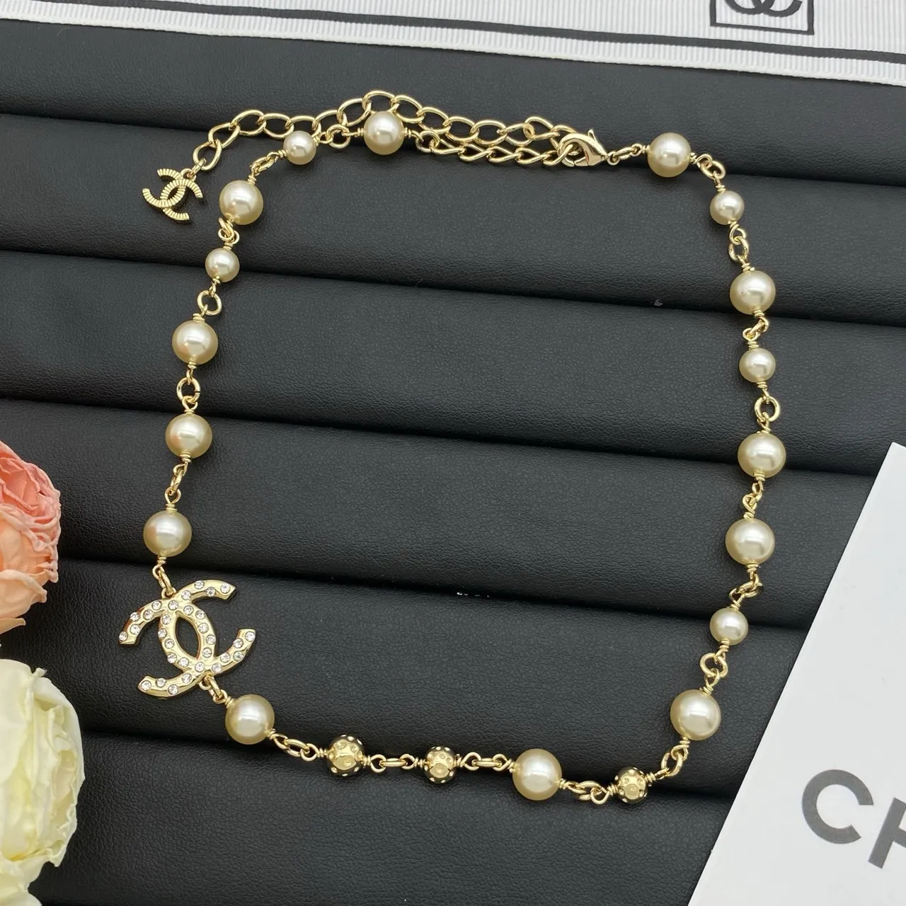 Chanel Pearl Necklace Beige Gold Interlocking CC Logo Pendant Necklace 6