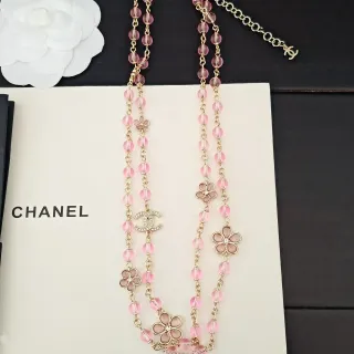 Chanel Pink Beaded Flower Chain Necklace