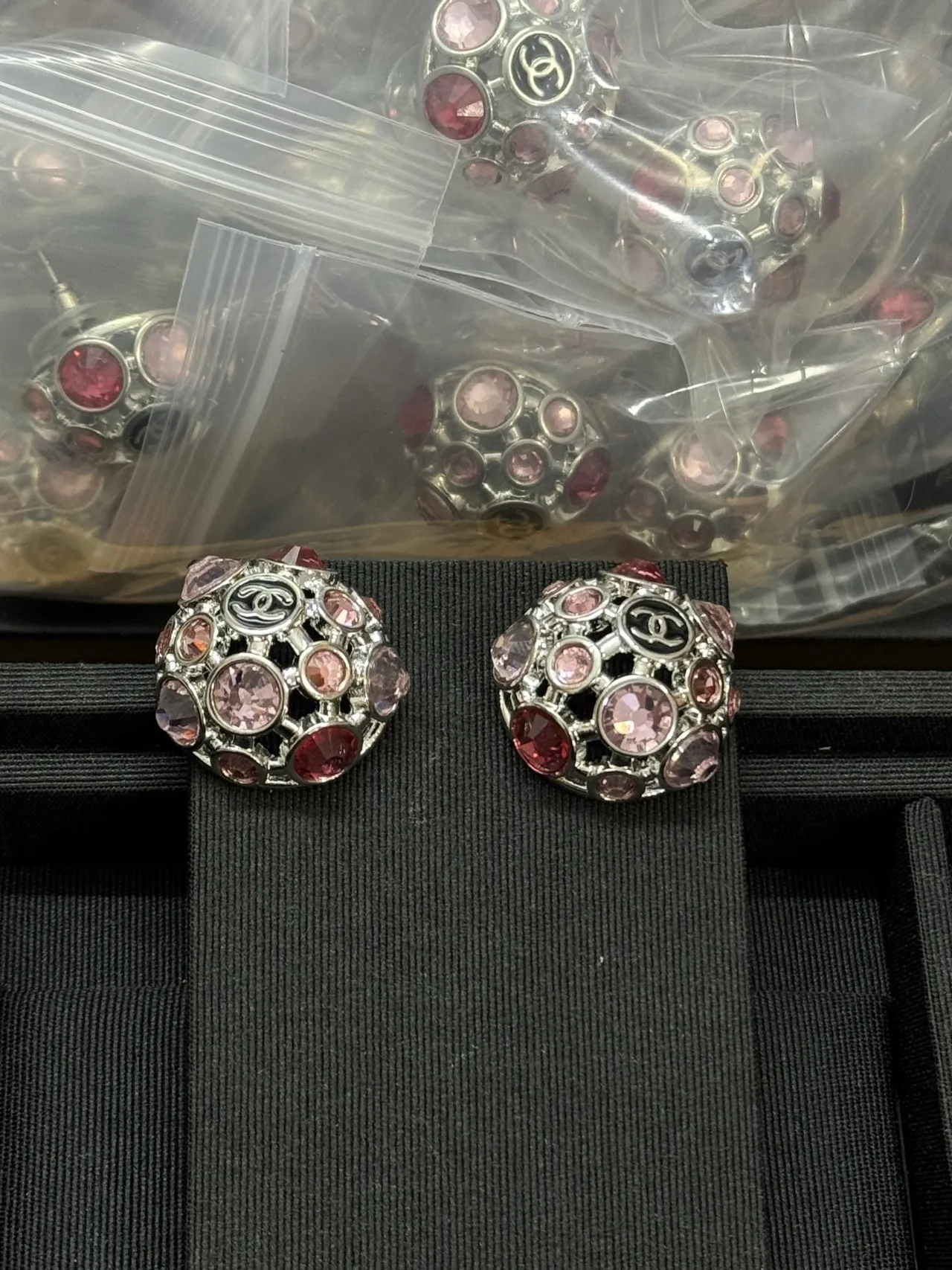 Chanel Pink Red Spherical Dome Openwork Lattice Earrings 3