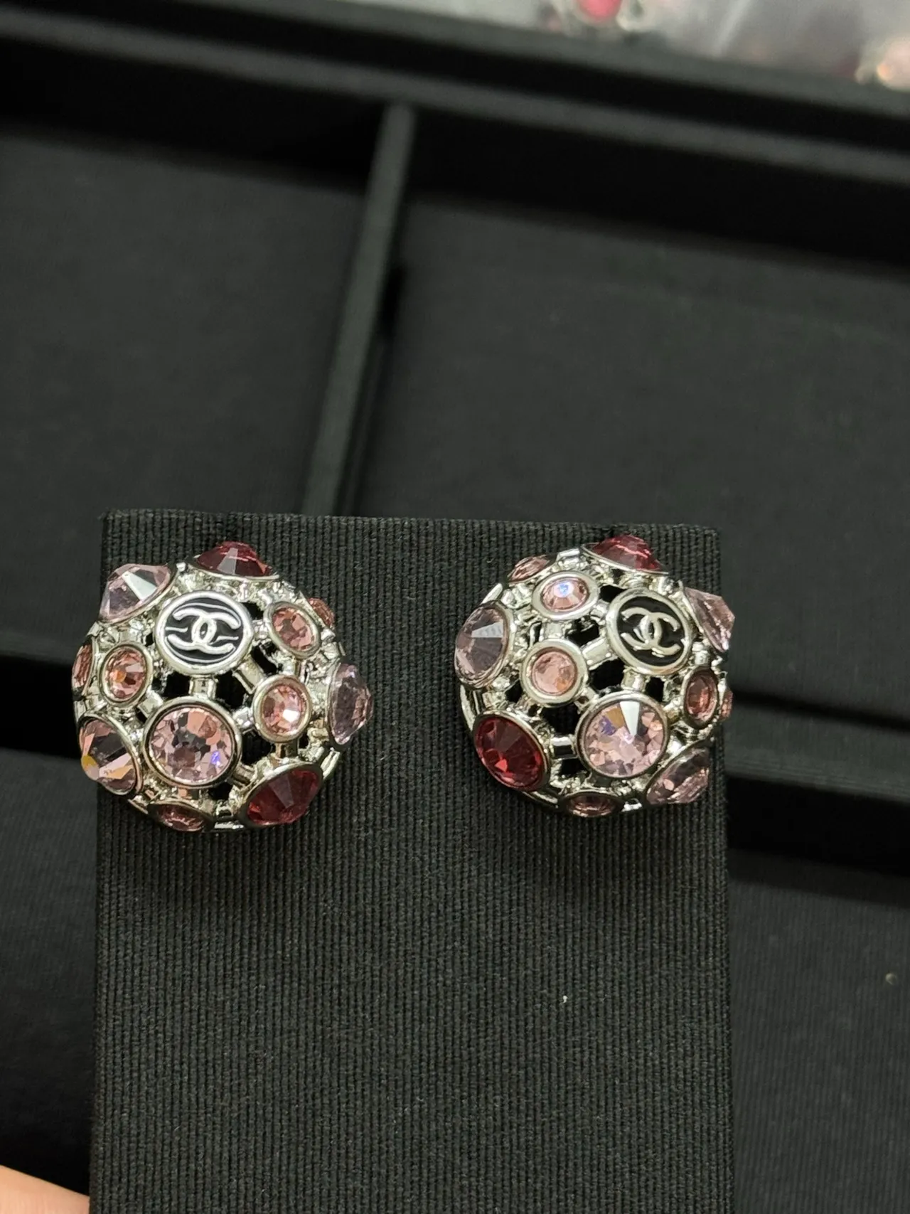 Chanel Pink Red Spherical Dome Openwork Lattice Earrings 4