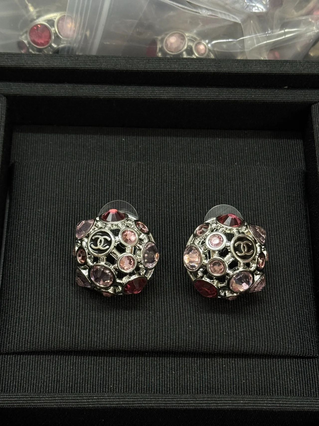 Chanel Pink Red Spherical Dome Openwork Lattice Earrings 6