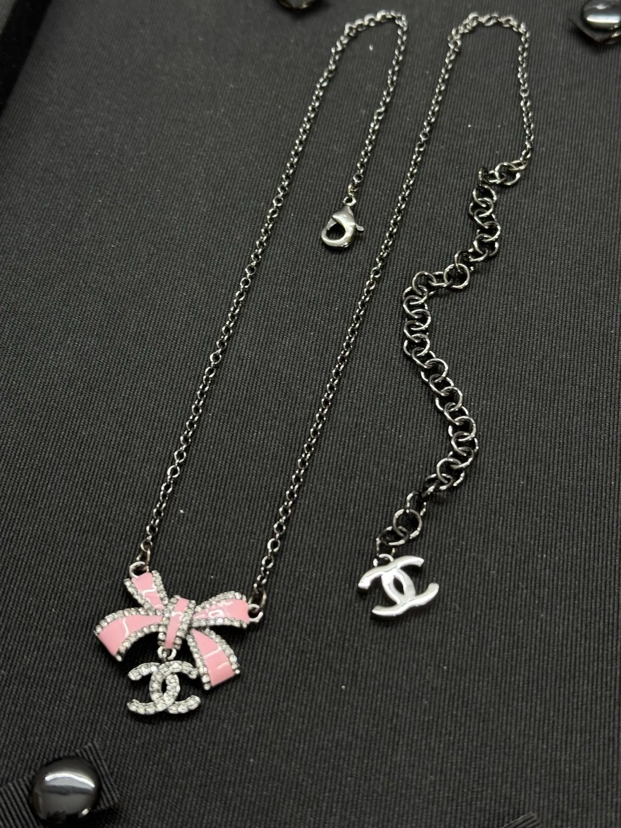 Chanel Pink Silver Enamel Bow Pendant Crystal-Encrusted Edges Necklace 2