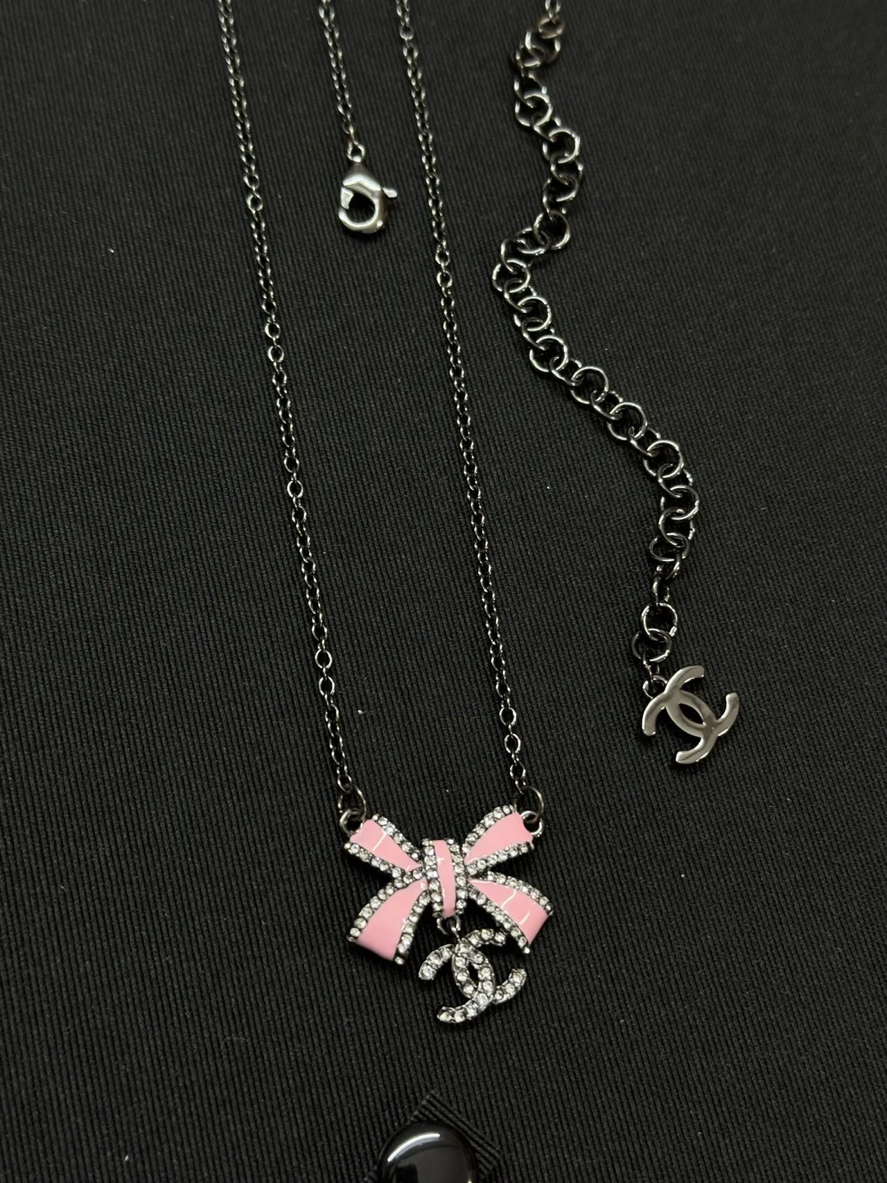 Chanel Pink Silver Enamel Bow Pendant Crystal-Encrusted Edges Necklace 3