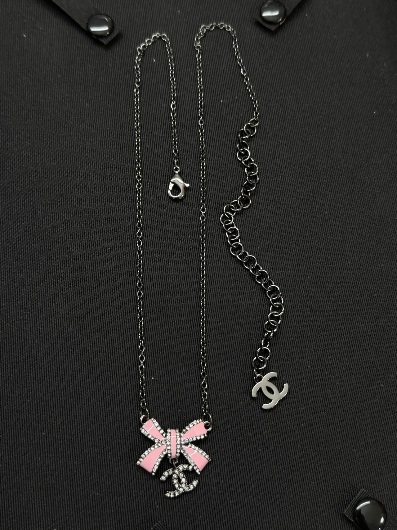 Chanel Pink Silver Enamel Bow Pendant Crystal-Encrusted Edges Necklace 4