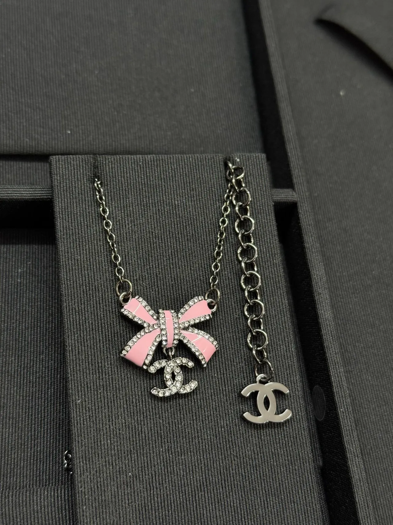 Chanel Pink Silver Enamel Bow Pendant Crystal-Encrusted Edges Necklace 5