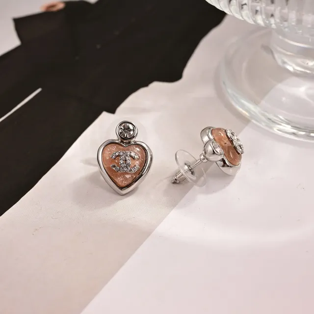 Chanel Pink Silver Heart-Shaped Enamel-Filled Earrings 2