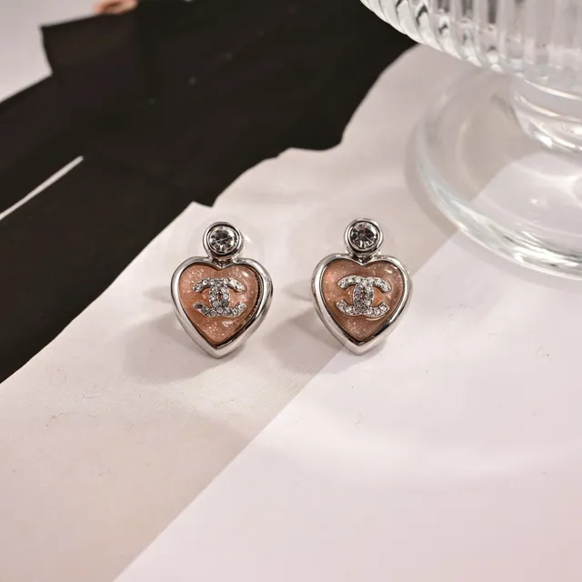 Chanel Pink Silver Heart-Shaped Enamel-Filled Earrings 4