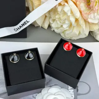 Chanel Red Black Circular Dome Enamel Studs Gold-Tone Metal Rim Earrings