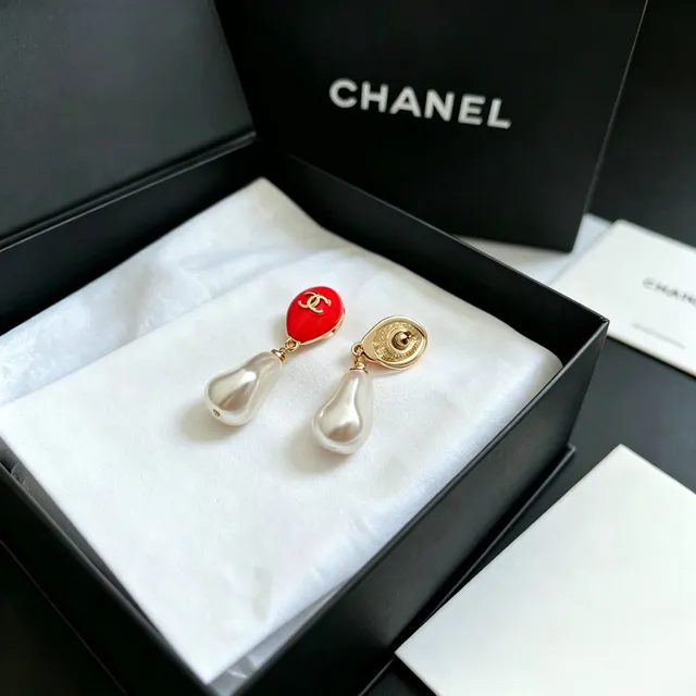 Chanel Red Enamel and Baroque Pearl Drop Earrings 5