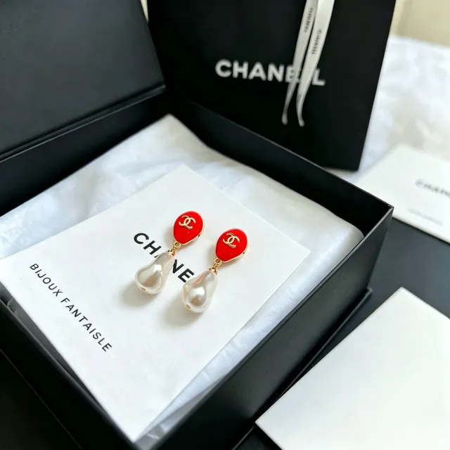 Chanel Red Enamel and Baroque Pearl Drop Earrings 6